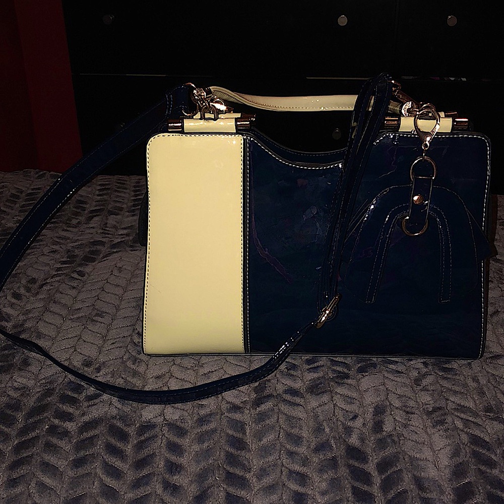 Black and Navy Blue hand bag with a bow